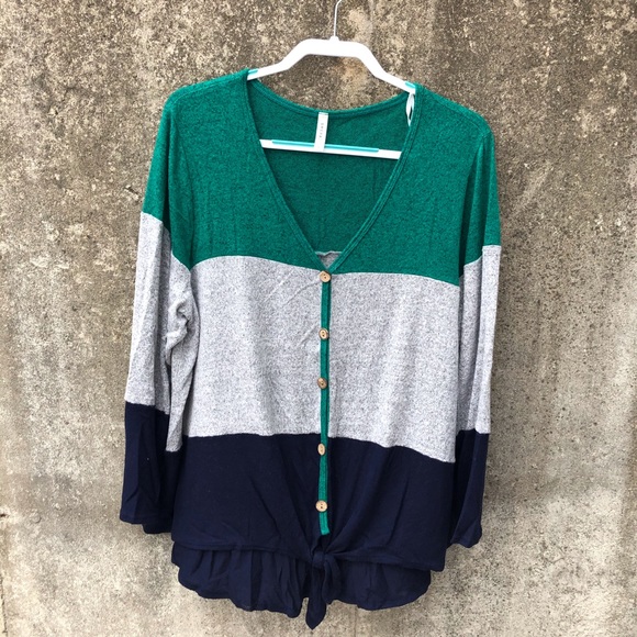 Emerald Tops - Emerald Color Block Long Sleeve Tie Front Top